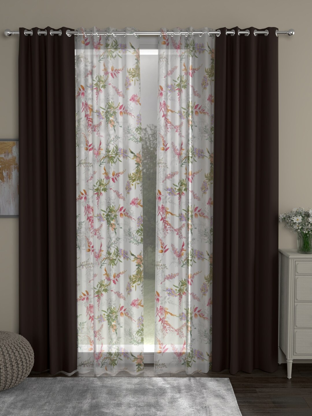 ROSARA HOME Brown & Pink Set of 4 Floral Black Out Long Door Curtain