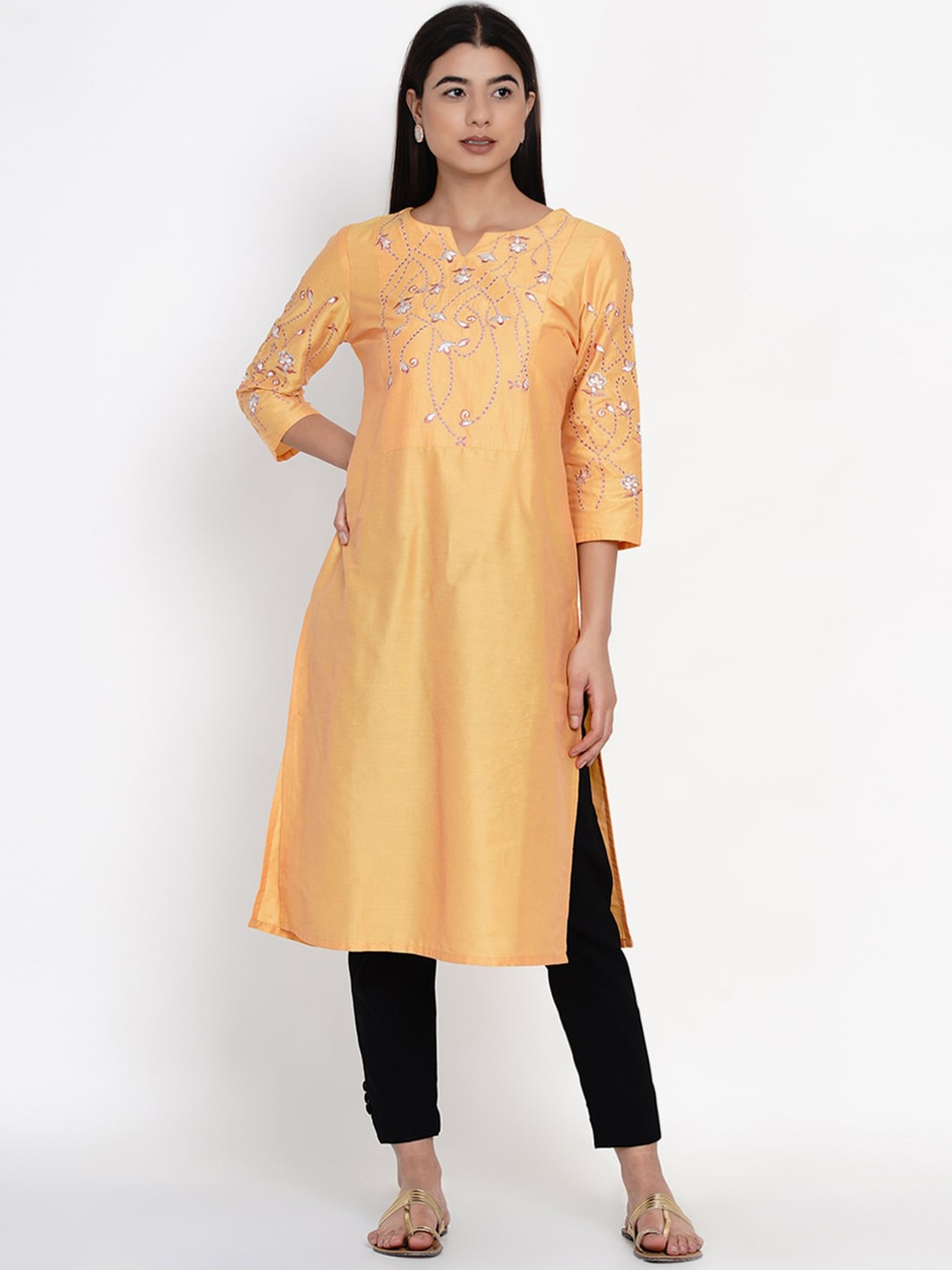 

IX IMPRESSION Women Yellow Floral Embroidered Thread Work Kurta