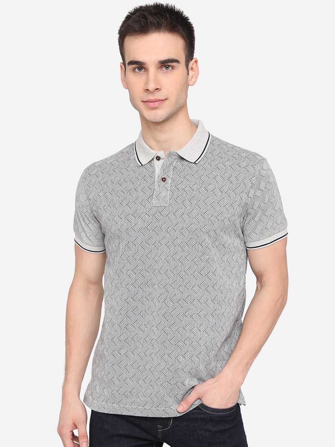 

Greenfibre Men Silver Grey Polo Collar Slim Fit Printed T-shirt