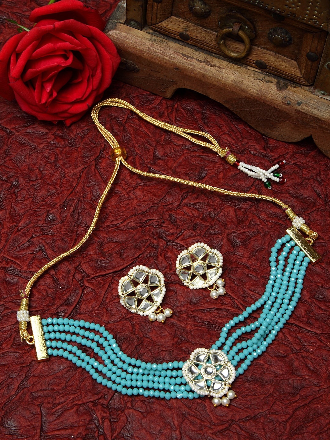 

Moedbuille Gold-Plated White & Turquoise Blue Kundan-Studded & Onyx Beaded Meenakari Handcrafted Jewellery Set
