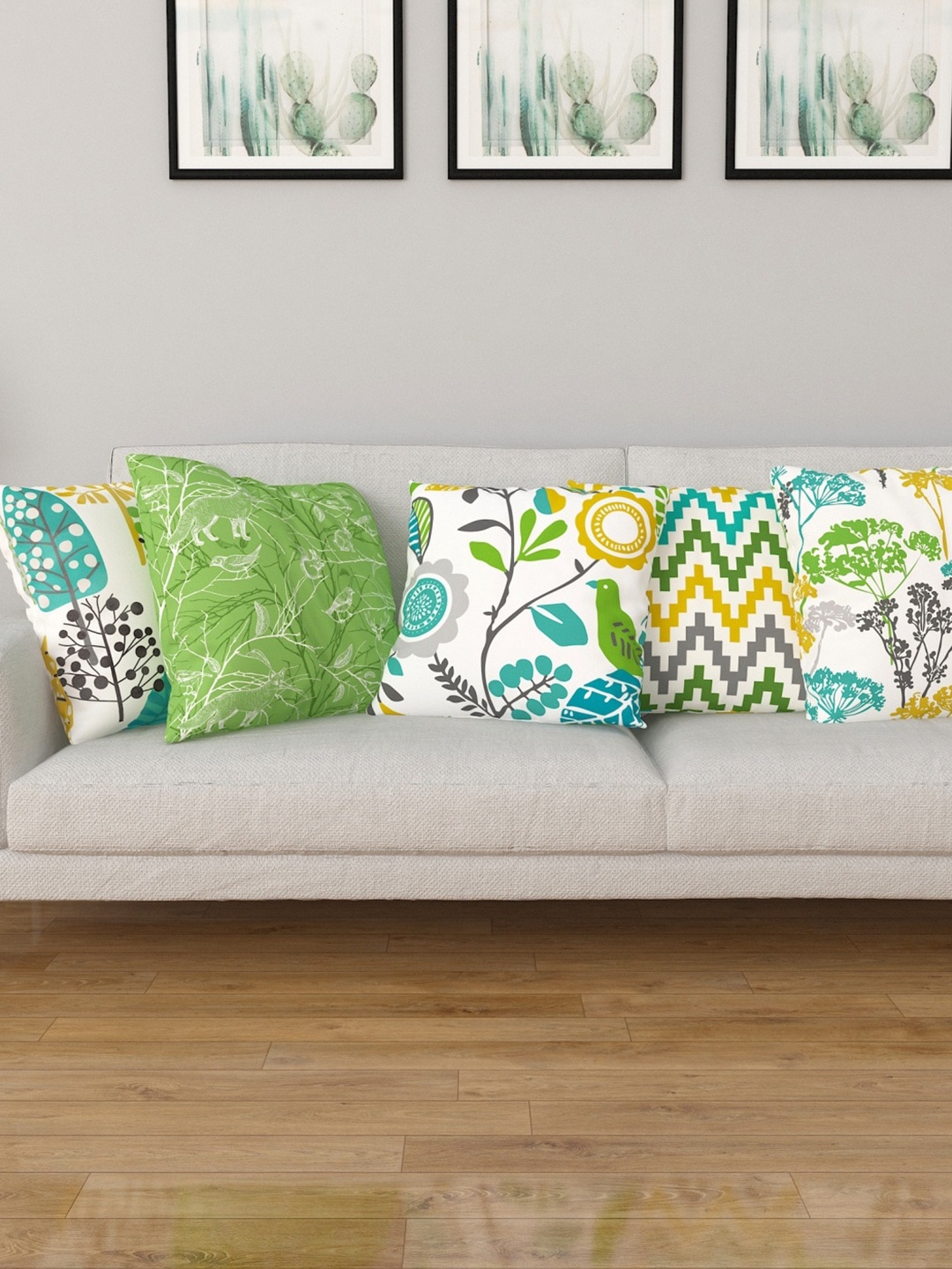 Home Centre White & Green Set of 5 Floral Square Cushion Covers