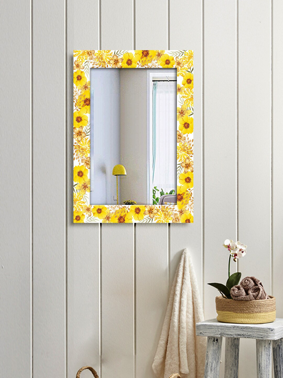 

999Store Yellow & White Floral Printed Wall Mirror