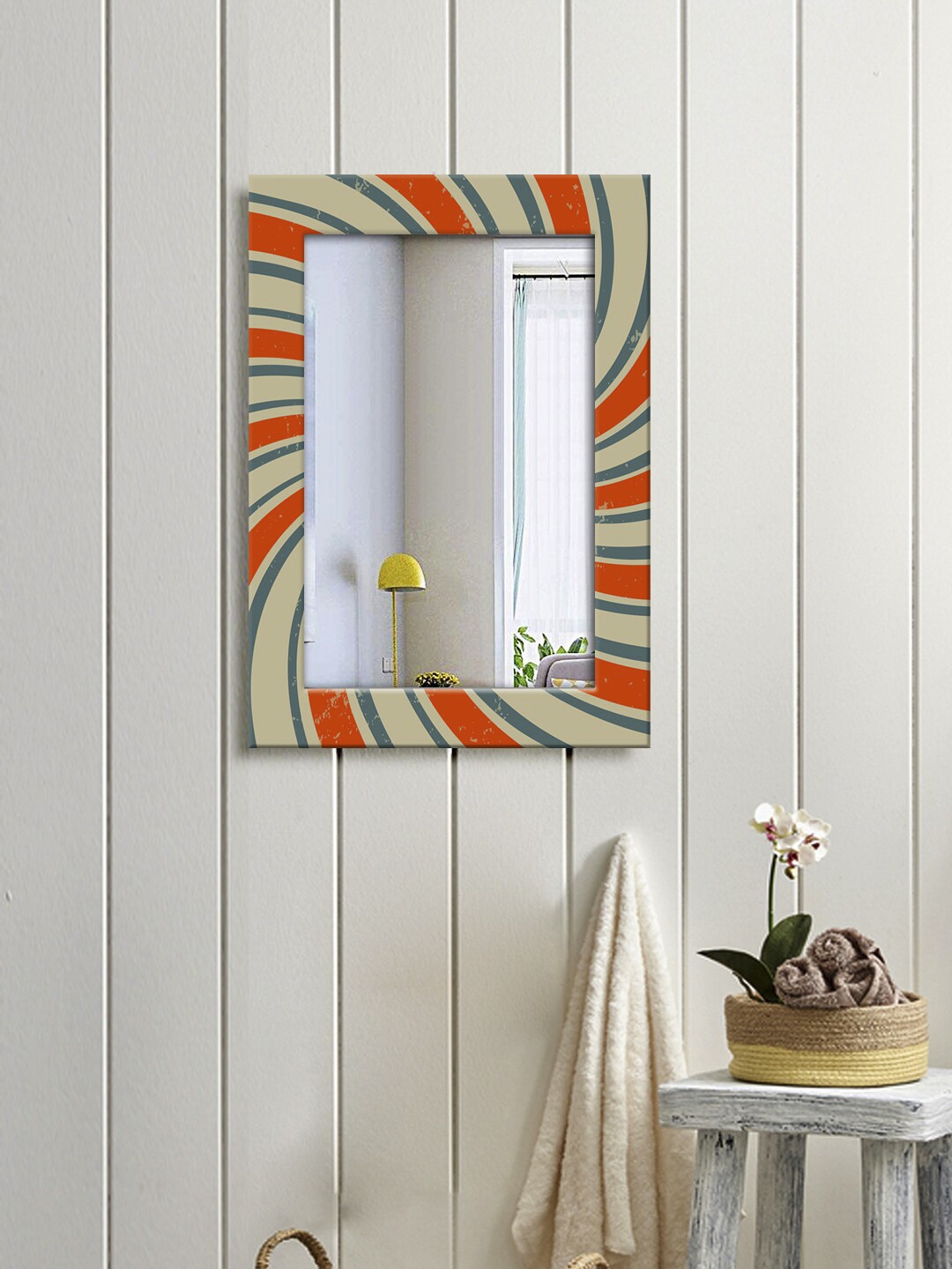 

999Store Beige & Orange Printed Wall Mirror