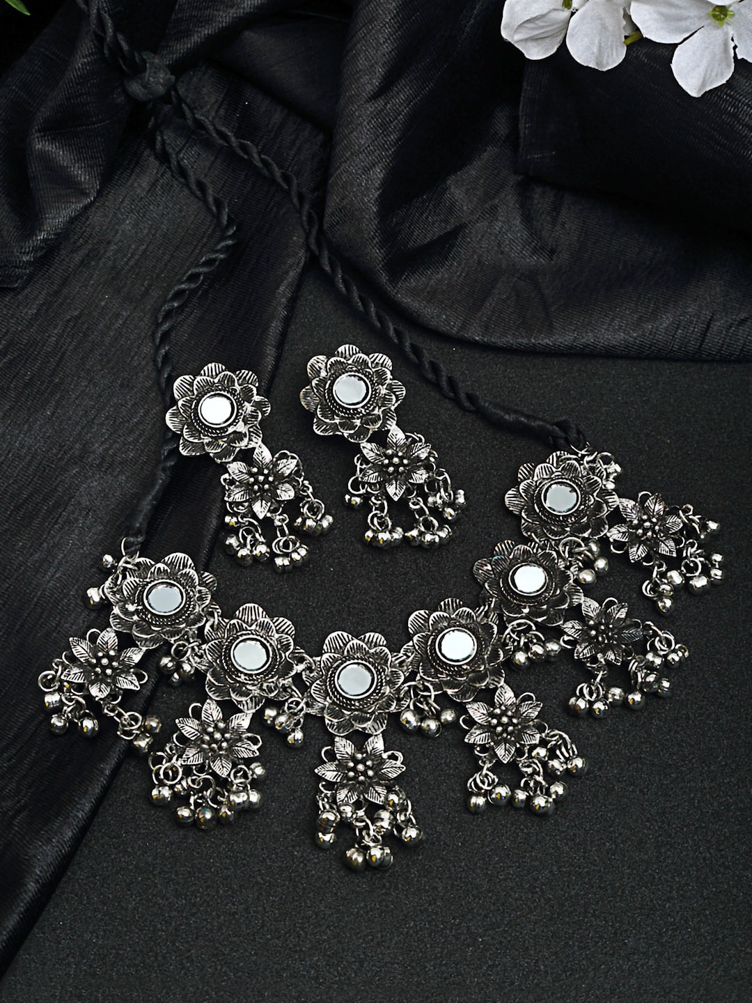 

Moedbuille Oxidised Silver-Plated Mirror Studded Floral Tasselled Jewellery Set