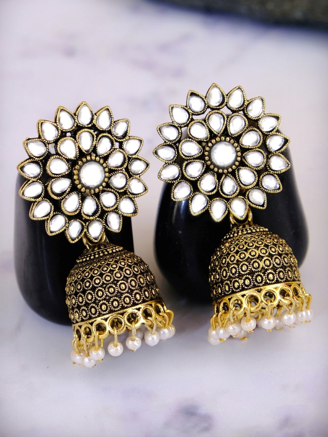 

Crunchy Fashion White Gold-Plated Dome Shaped Jhumkas Earrings