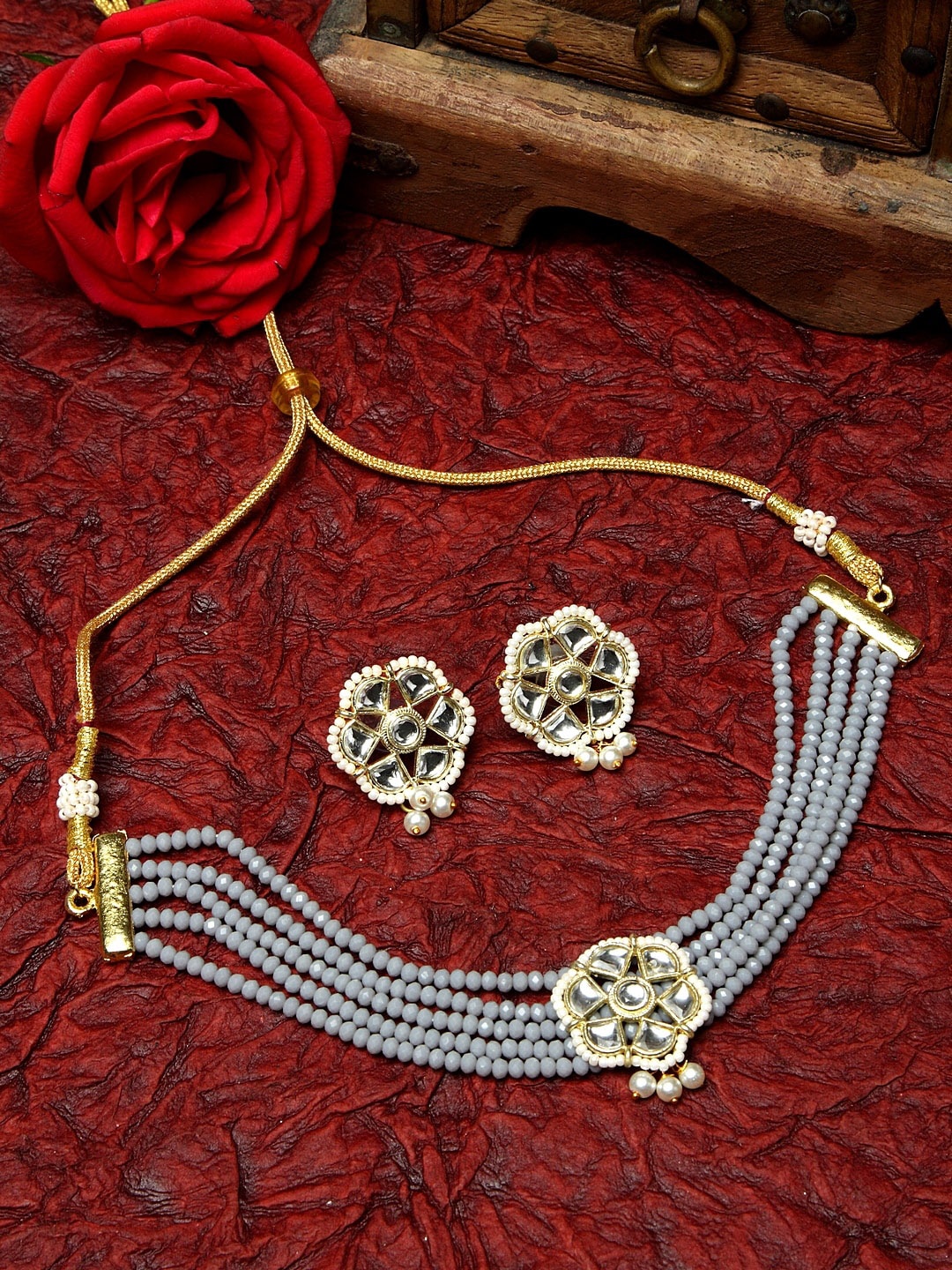 

Moedbuille Gold-Plated Grey & White Kundan Onyx Studded Pearl Beaded Handcrafted Jewellery Set