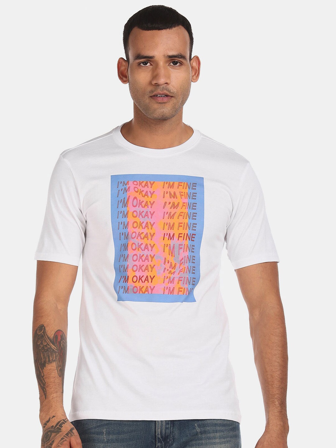 

Colt Men White Orange Typography Printed Pure Cotton T-shirt