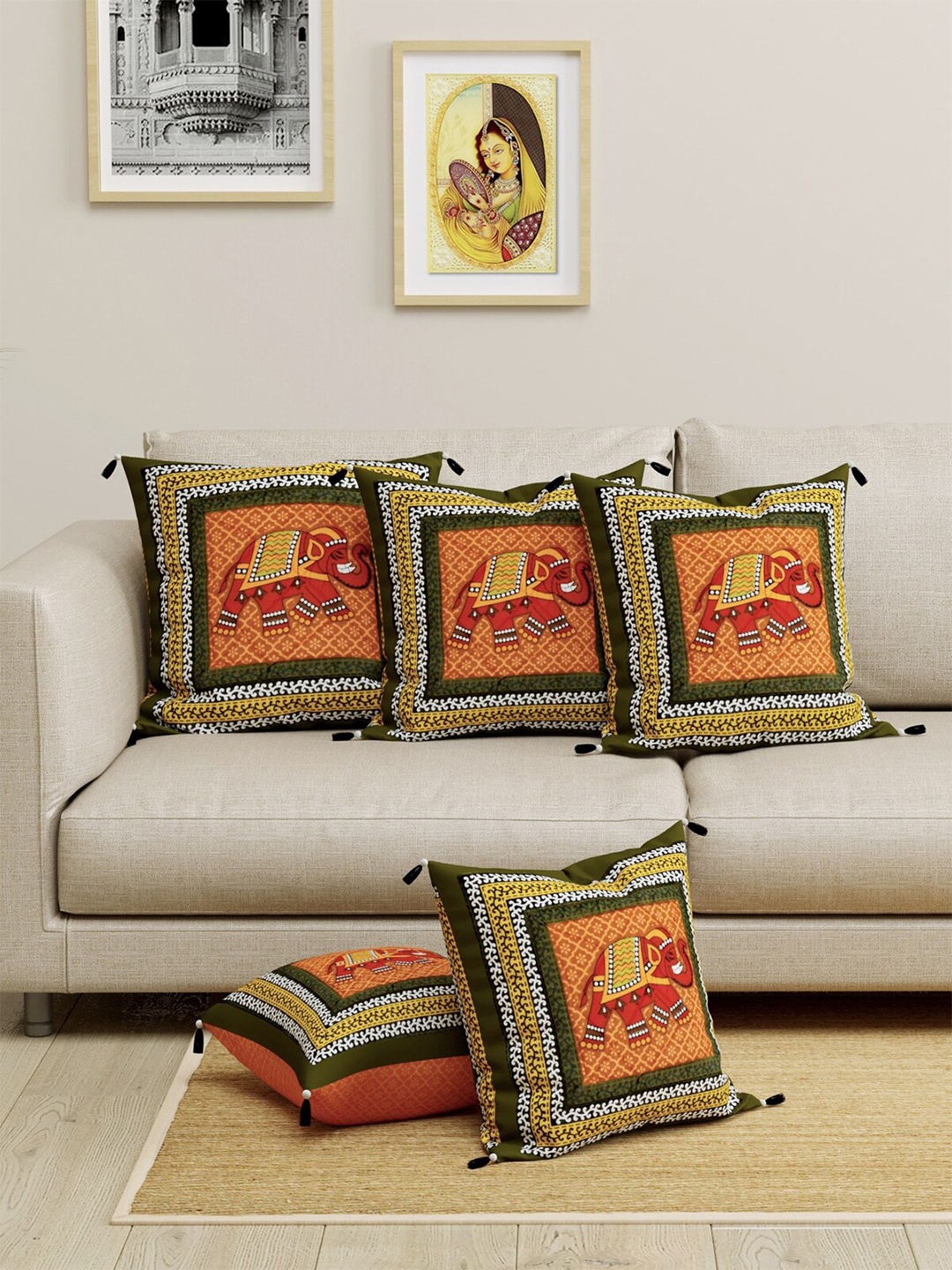 

LIVING ROOTS Orange & Green Set of 5 Ethnic Motifs Square Cushion Covers