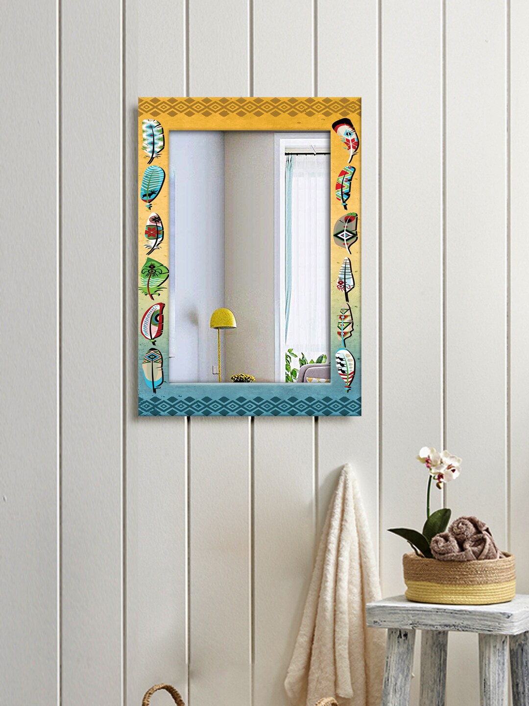 

999Store Yellow & Green Peacock Feathers Wall Hanging Mirror
