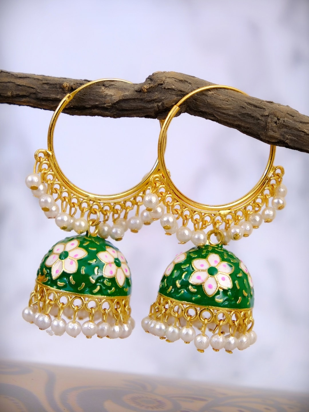 

Crunchy Fashion Gold-Plated Green Contemporary Jhumkas Earrings