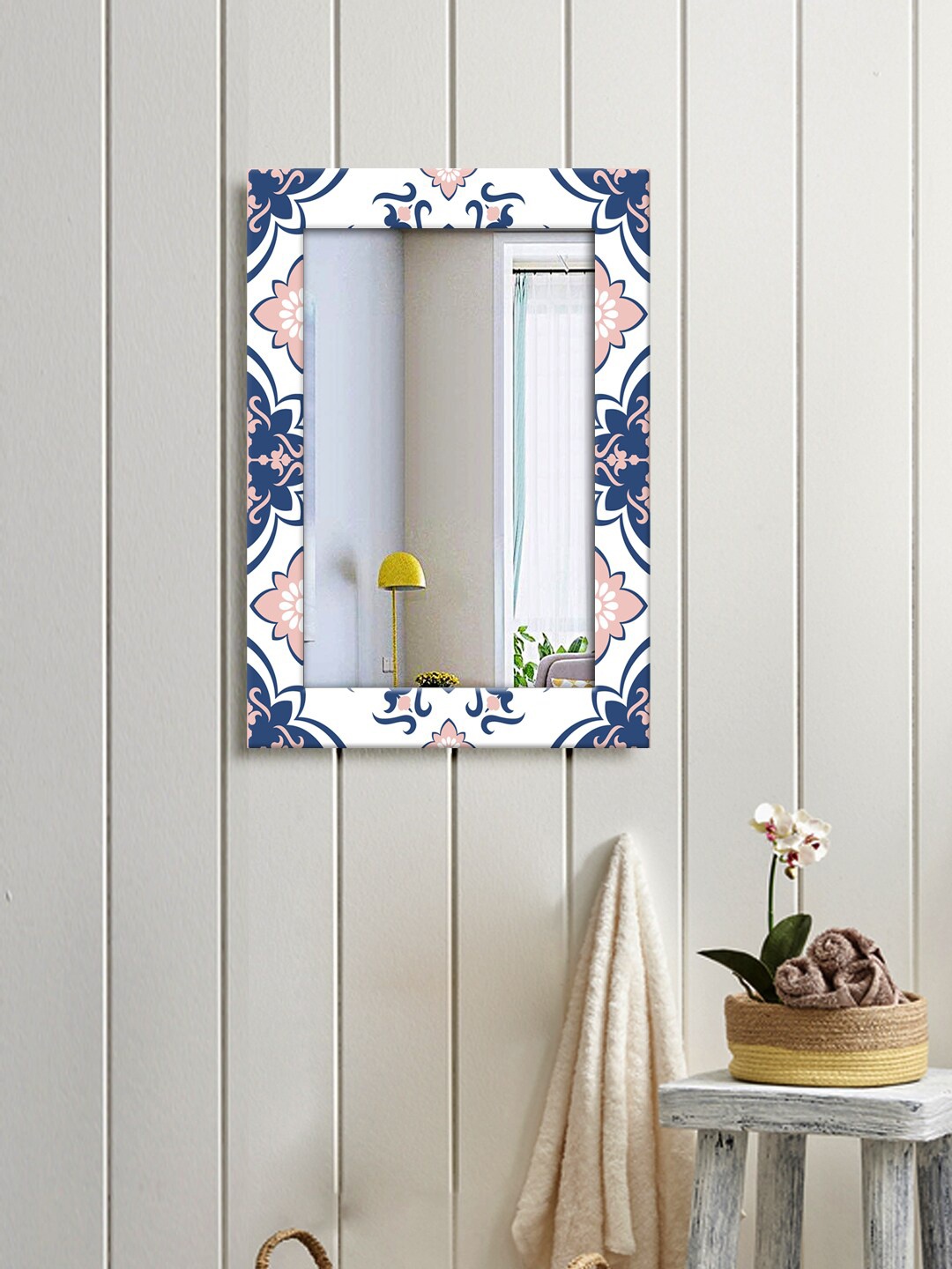 

999Store Blue & White Floral Printed Wall Mirror