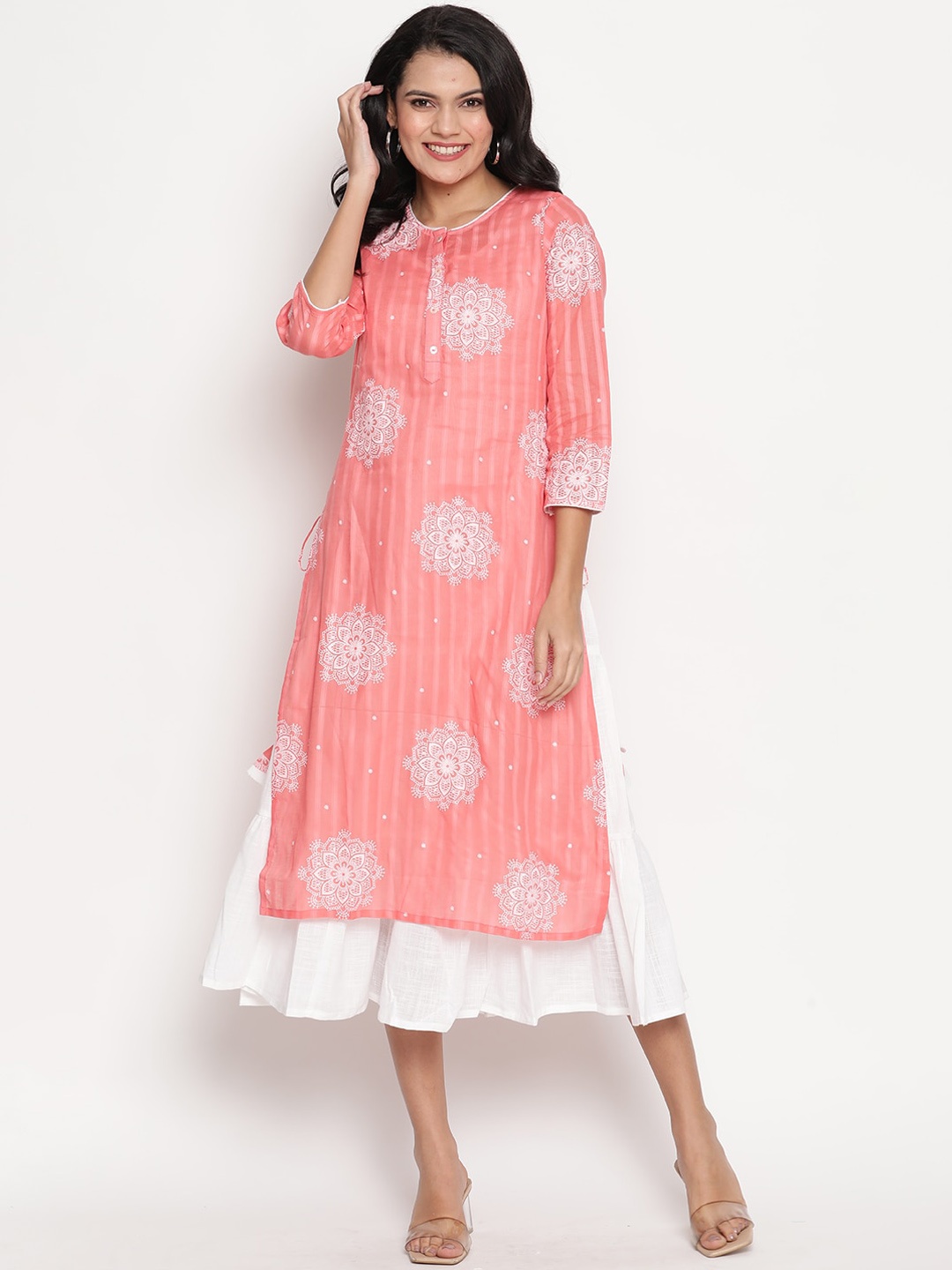 

Be Indi Cotton Floral Printed Round Neck Layered A-Line Midi Dress, Pink