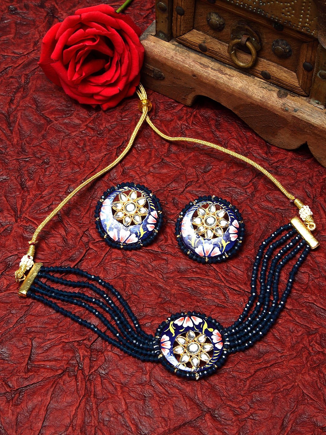 

Moedbuille Gold-Plated & Blue Beaded Kundan & Onyx Stones-Studded Floral Design Meenakari Work Jewellery Set