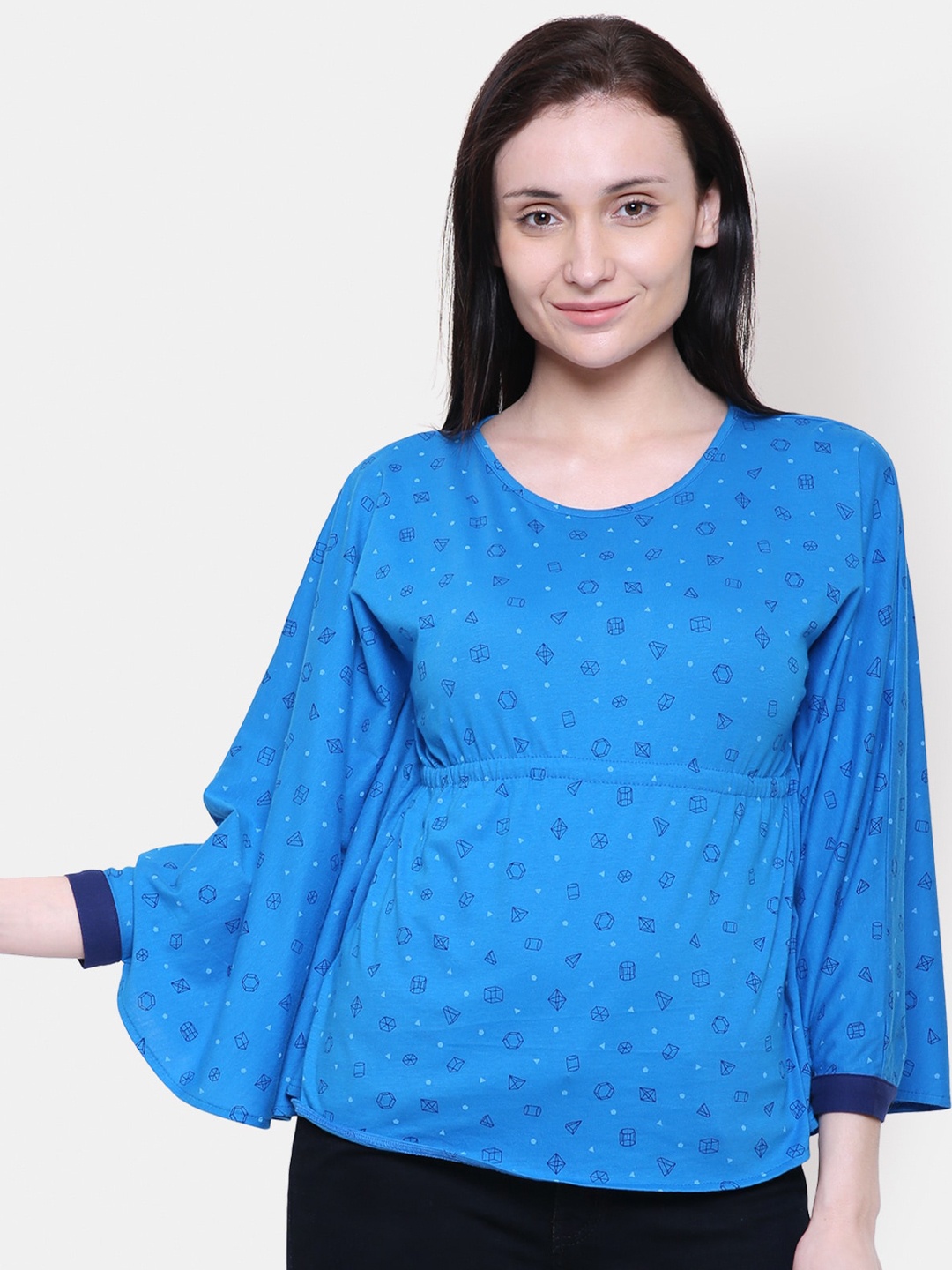 

Yaadleen Blue Geometric Kimono Sleeve Regular Top