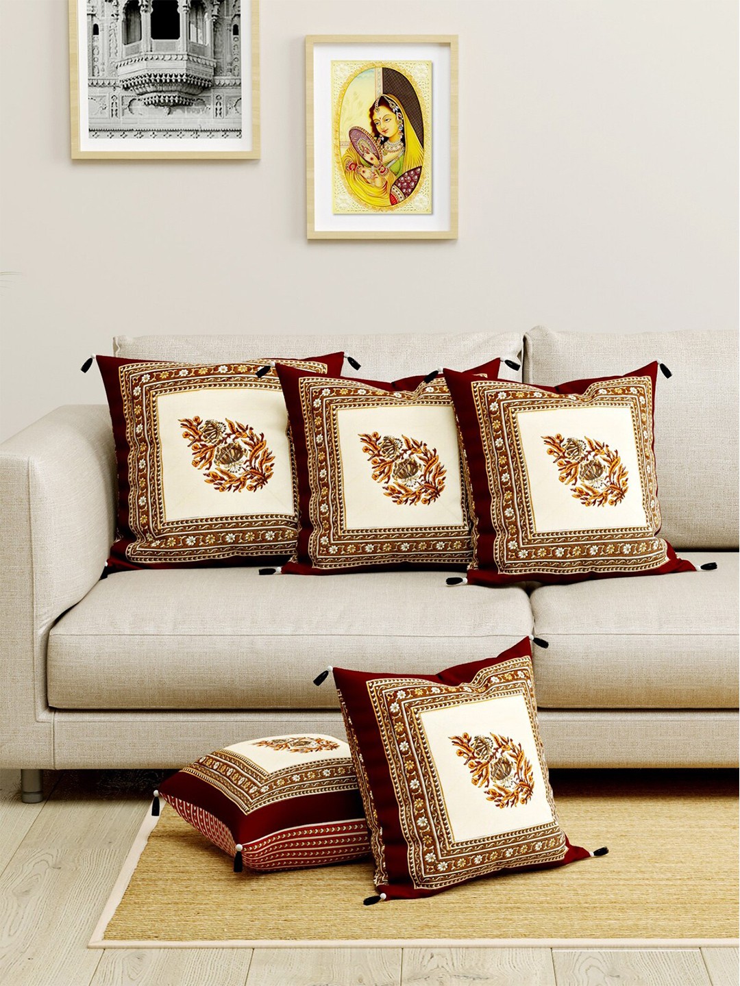 

LIVING ROOTS Brown & Beige Set of 5 Ethnic Motifs Square Cushion Covers