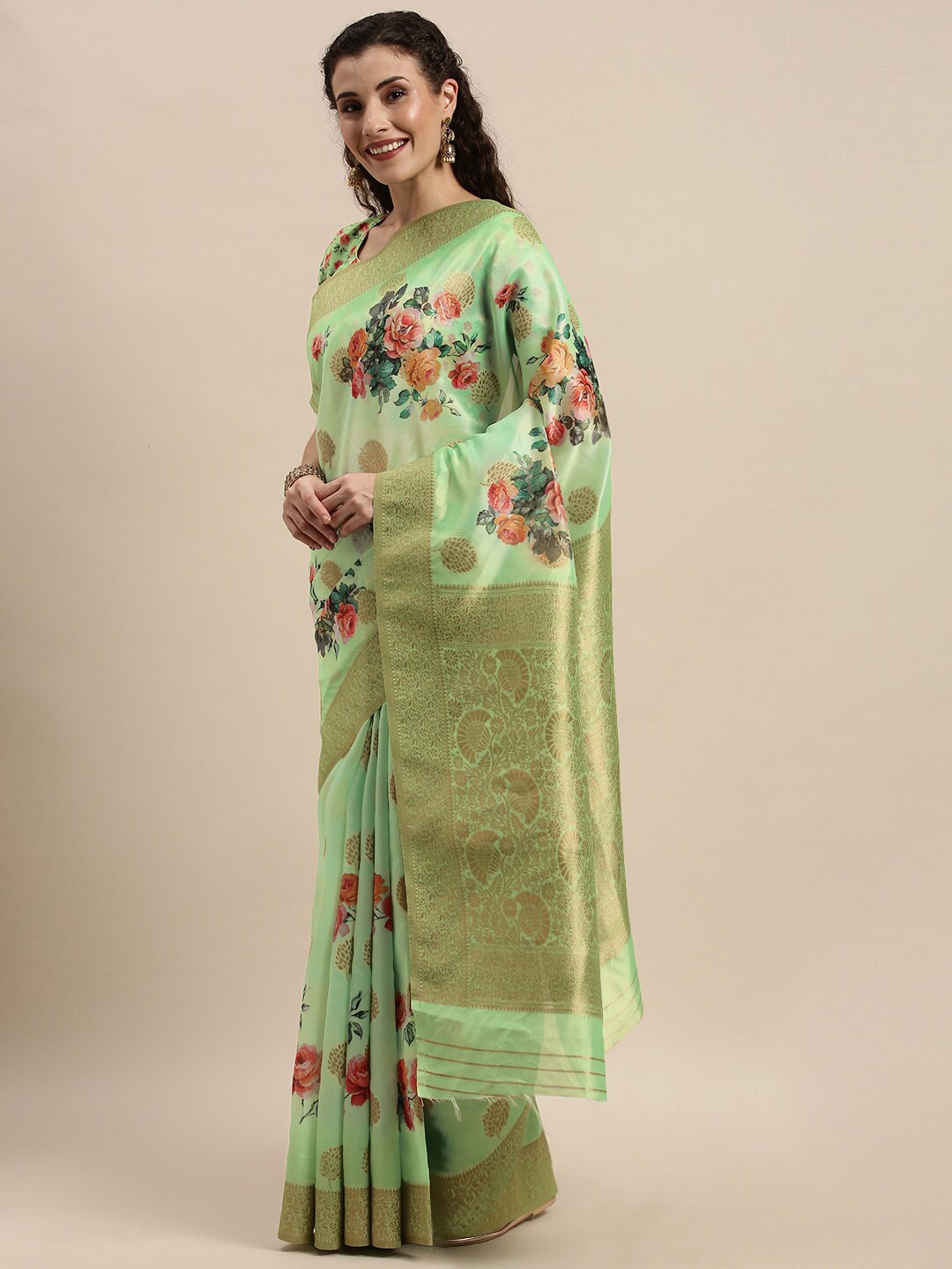

Kvsfab Green & Pink Floral Zari Silk Cotton Saree