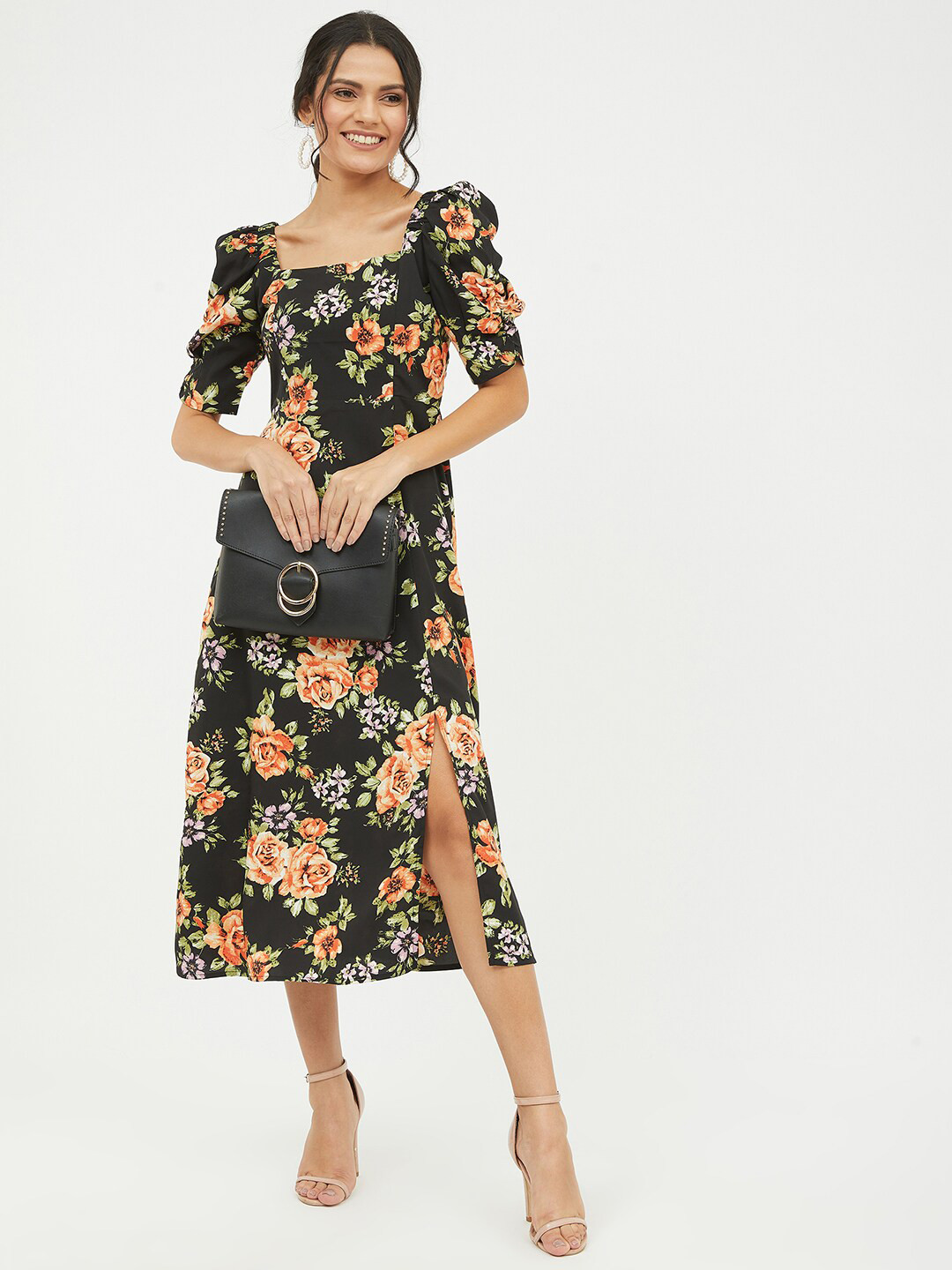 

Harpa Floral Midi A-Line Dress, Black