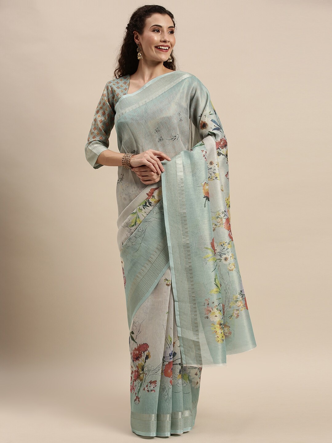 

Kvsfab Sea Green & Red Floral Zari Silk Cotton Saree