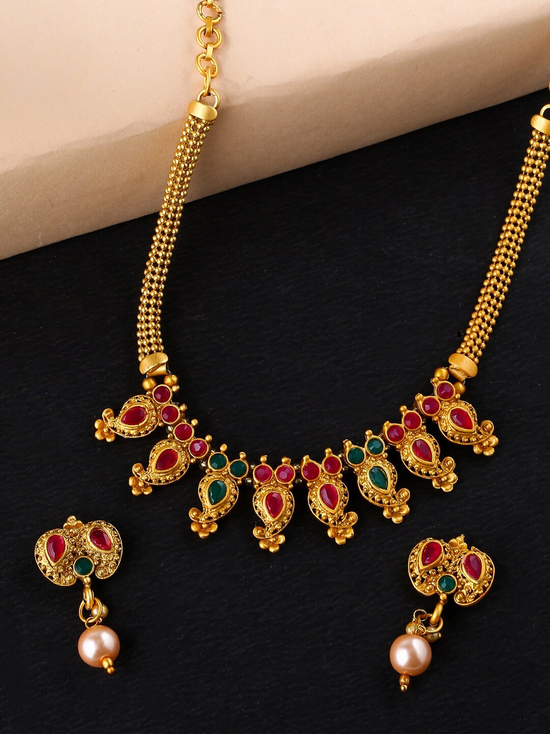 

THE AAB STUDIO Gold-Plated & Green Beads & Stones-Studded Handcrafted Jewellery Set