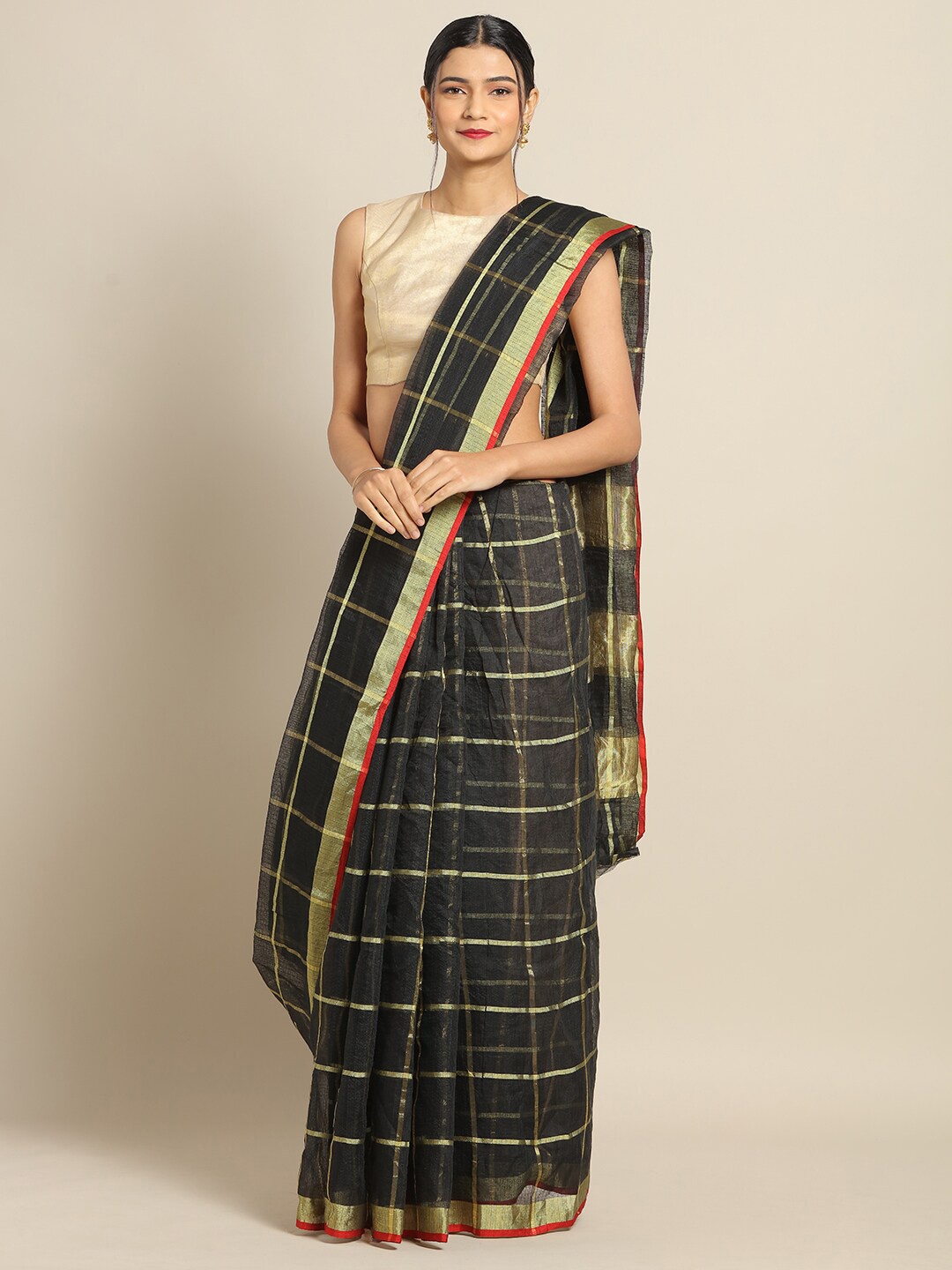 

Kvsfab Black & Gold-Toned Checked Zari Saree