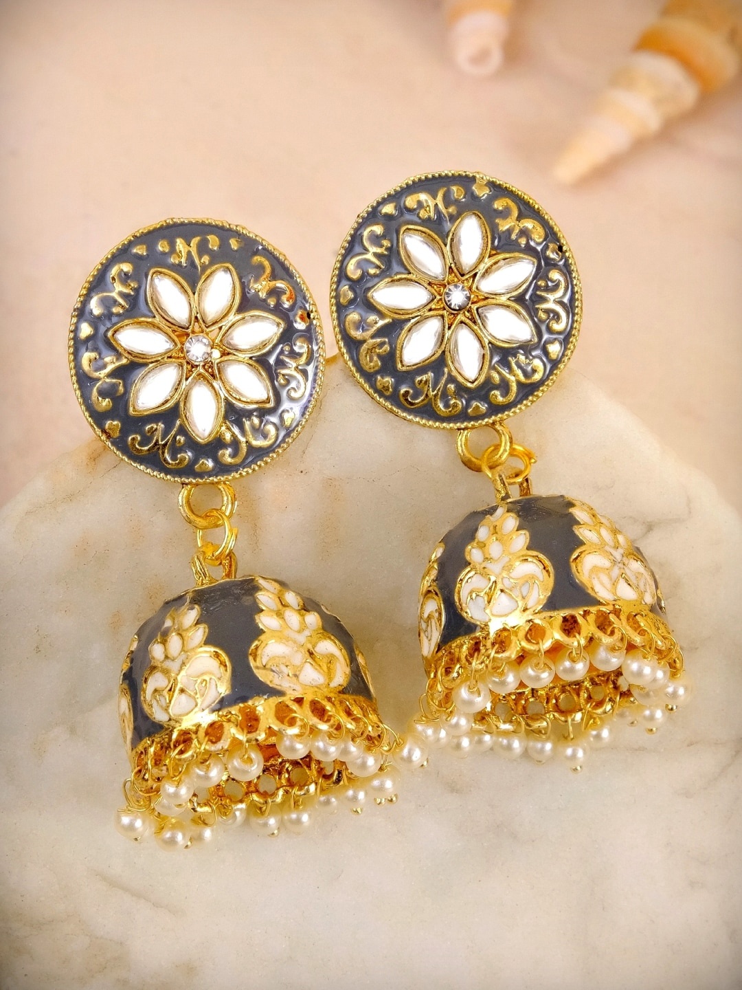 

Crunchy Fashion Gold-Plated Grey Contemporary Jhumkas Earrings