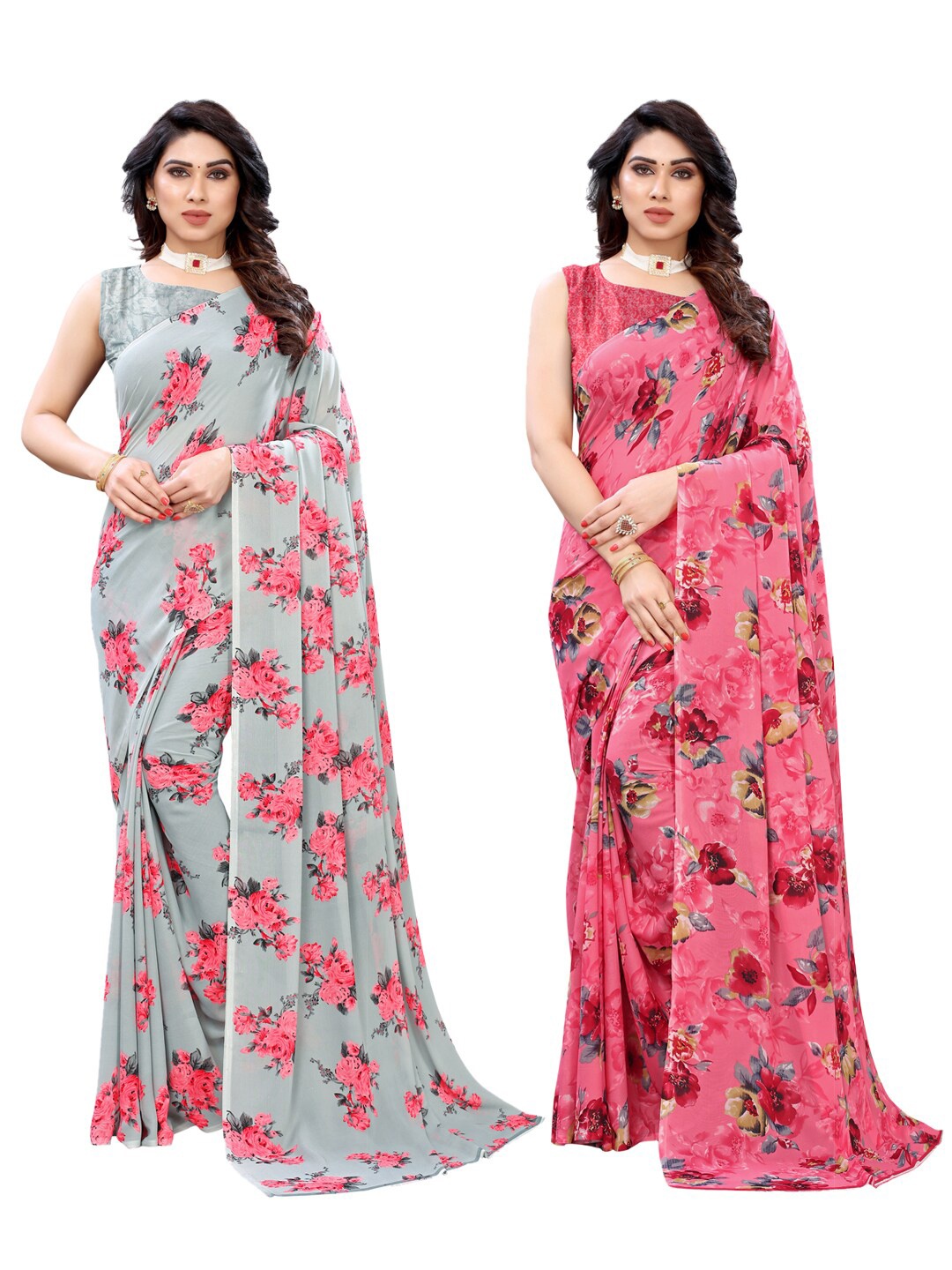 

KALINI Grey & Pink Pack of 2 Floral Pure Georgette Saree