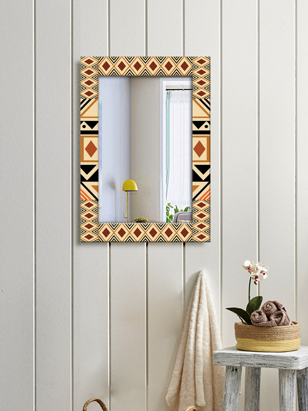 

999Store Brown & Black Geometric Printed Wall Hanging Mirror