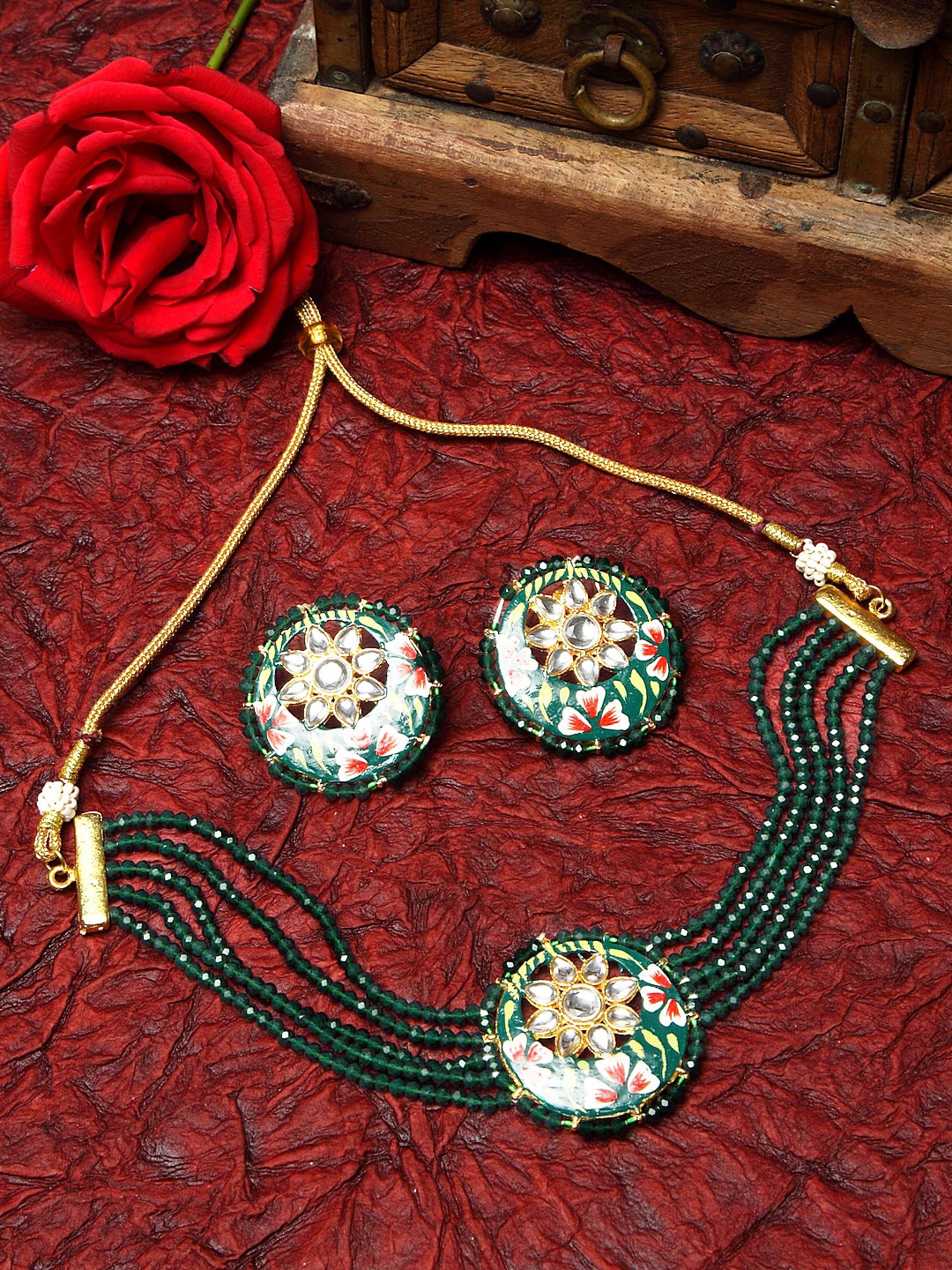 

Moedbuille Gold-Plated White & Green Kundan-Studded Beaded Meenakari Jewellery Set
