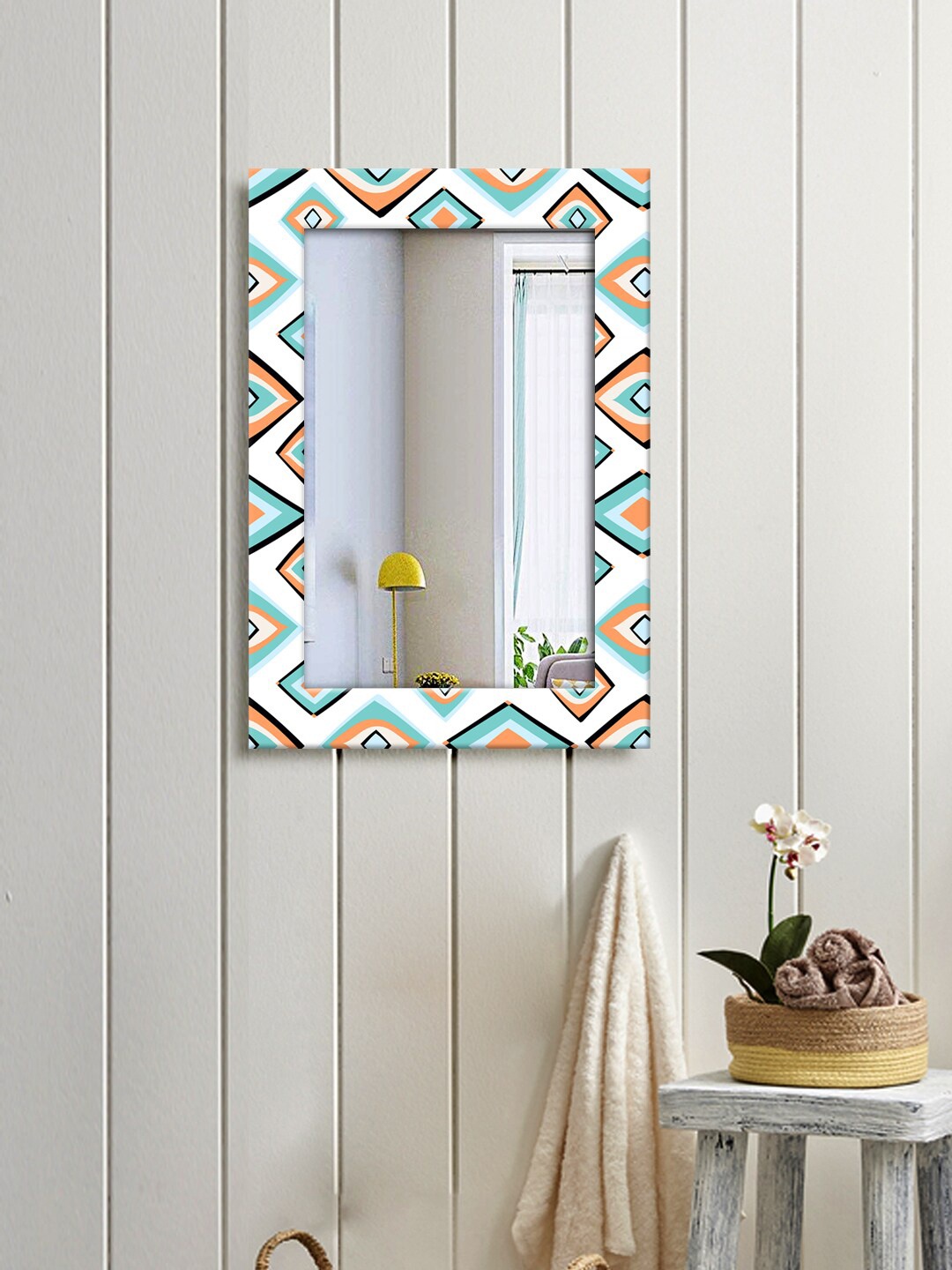 

999Store White & Turquoise Blue Geometric Printed Wall Mirror