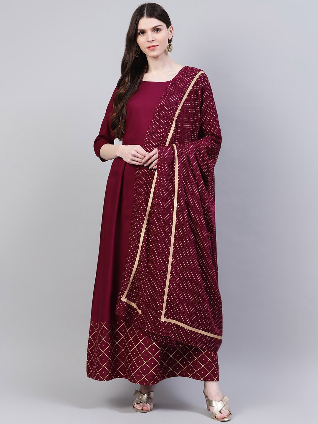 

Stylum Women Burgundy Solid Anarkali Kurta with Dupatta