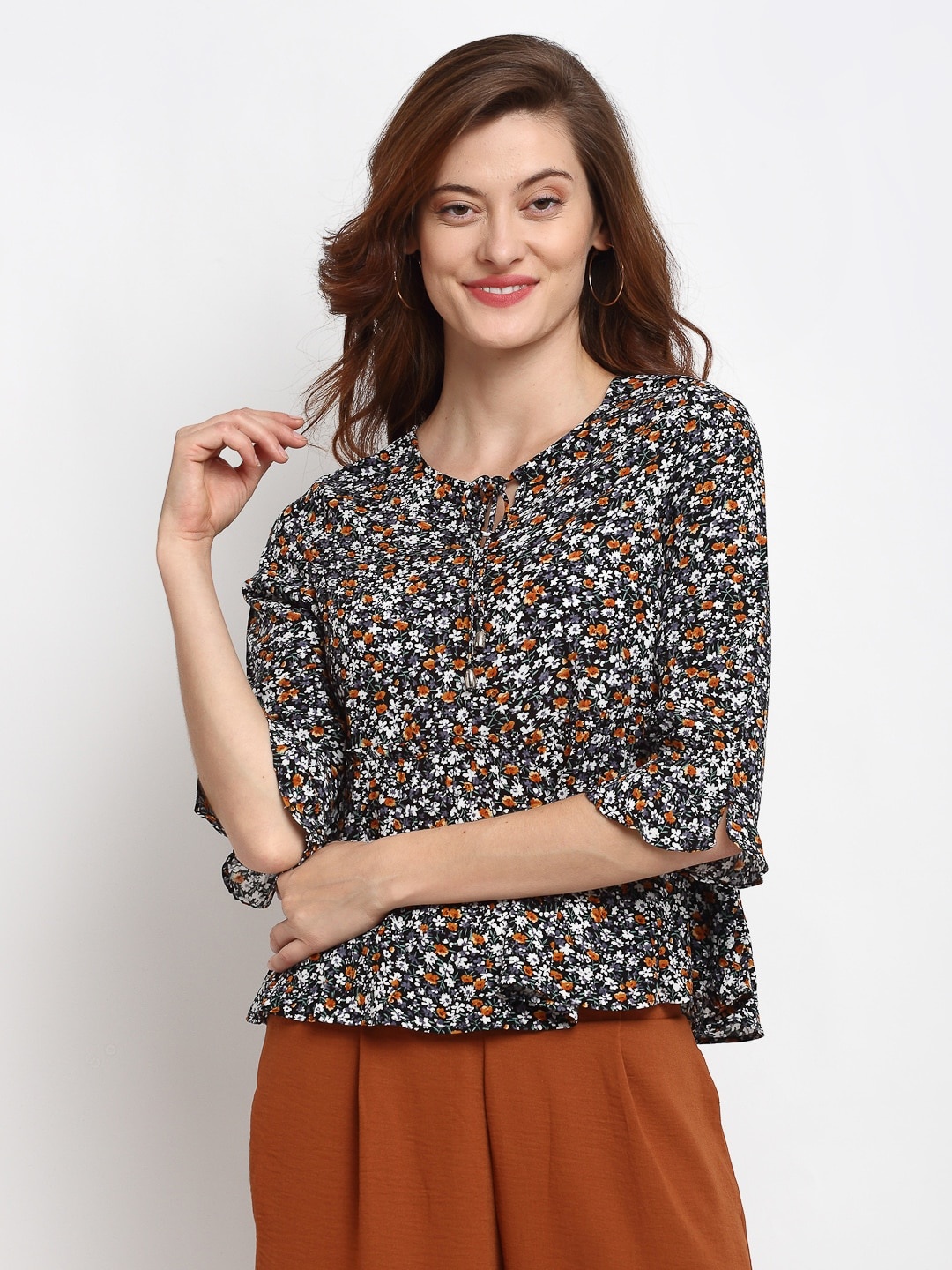 Gipsy Women Black & Yellow Floral Tie-Up Neck Crepe Regular Top