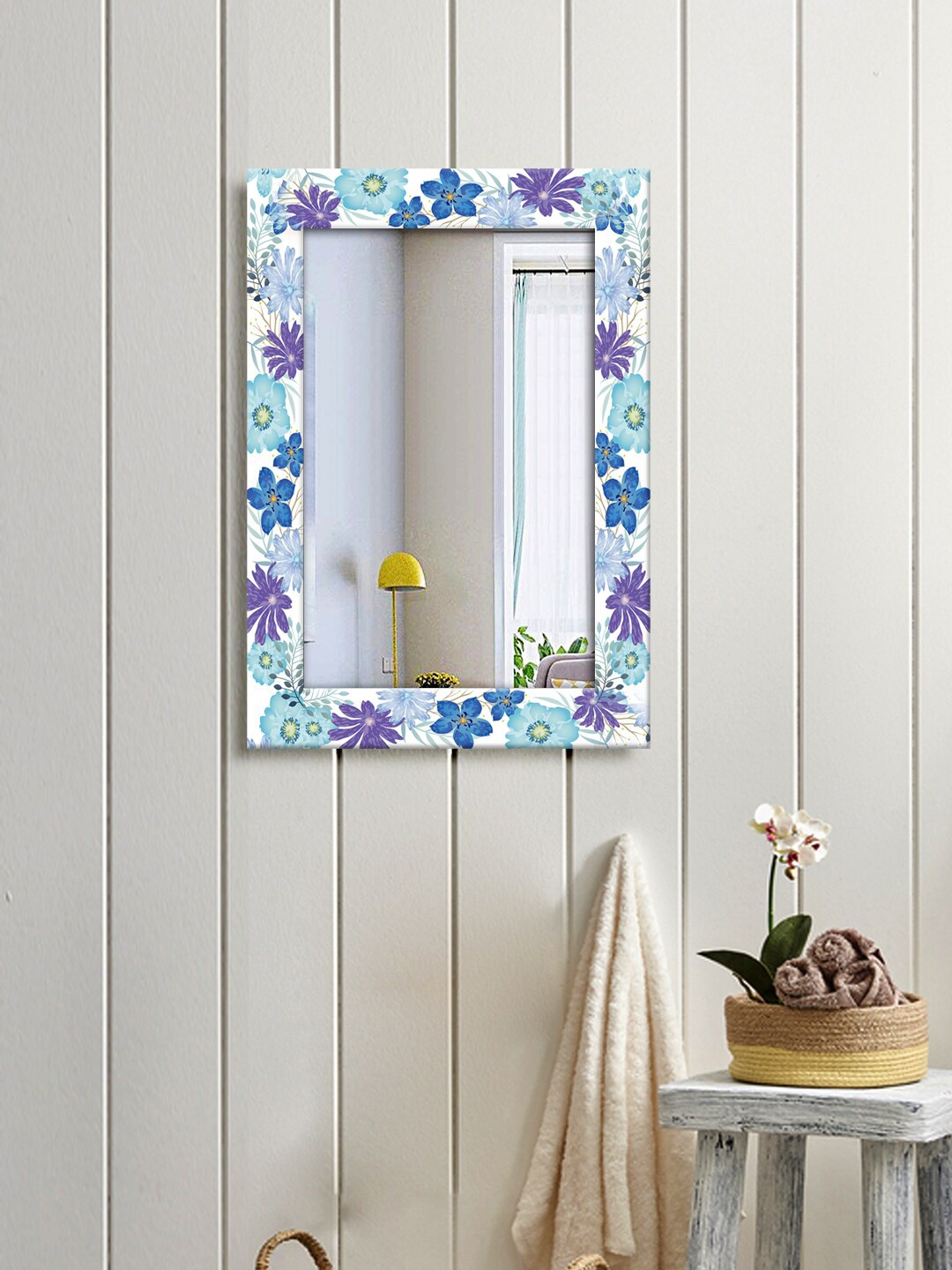 

999Store Blue & White Floral Printed Wall Mirror