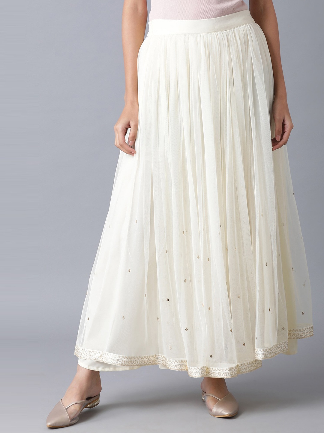 W Off White Embellished Flared Maxi Skirt