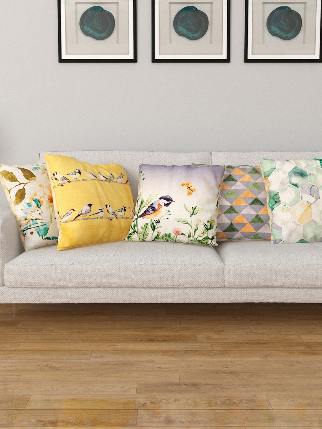 

Home Centre Green & White Set of 5 Floral Square Cushion Covers