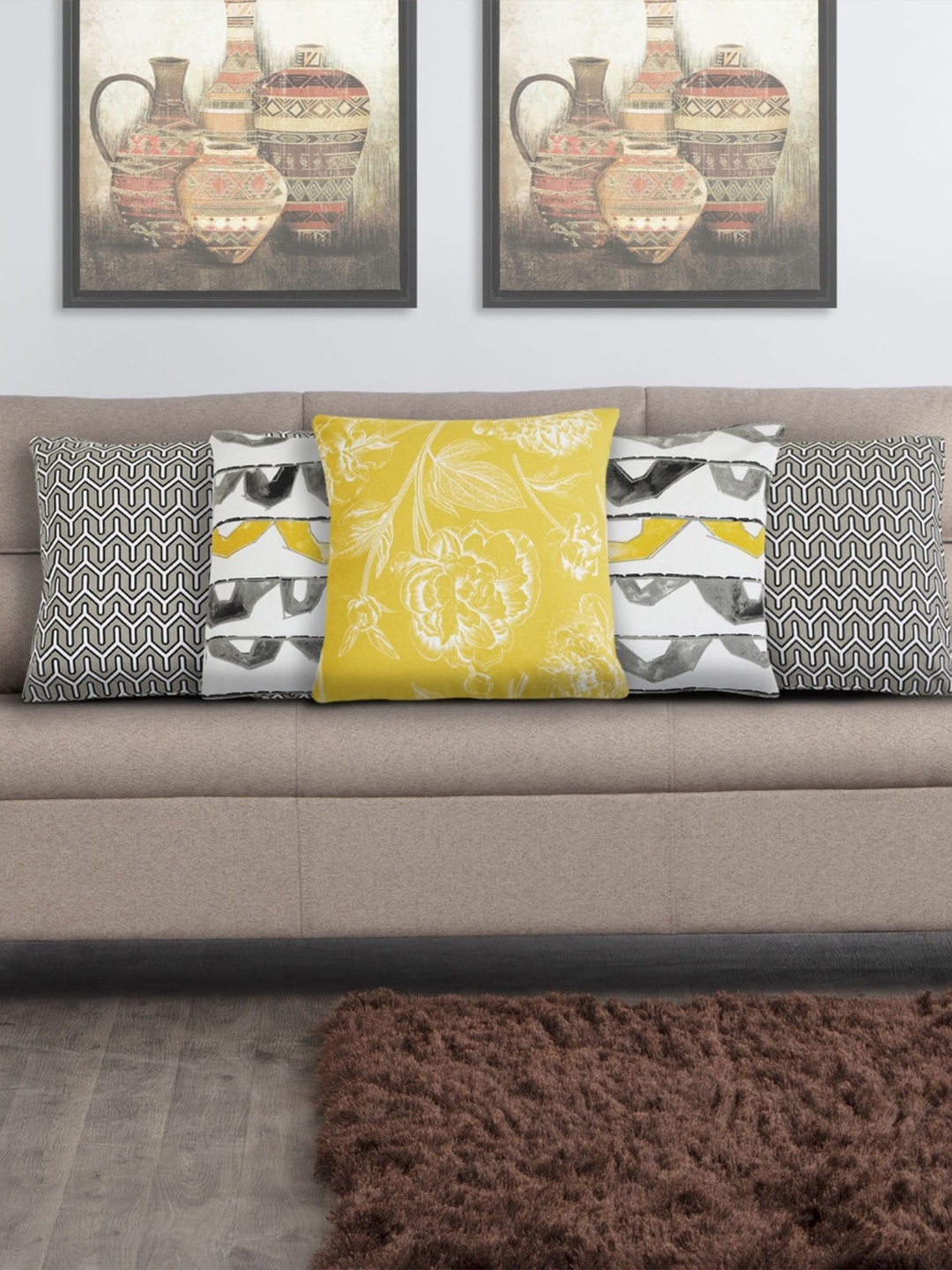 

Home Centre Taupe & Black Set of 5 Geometric Square Cushion Covers