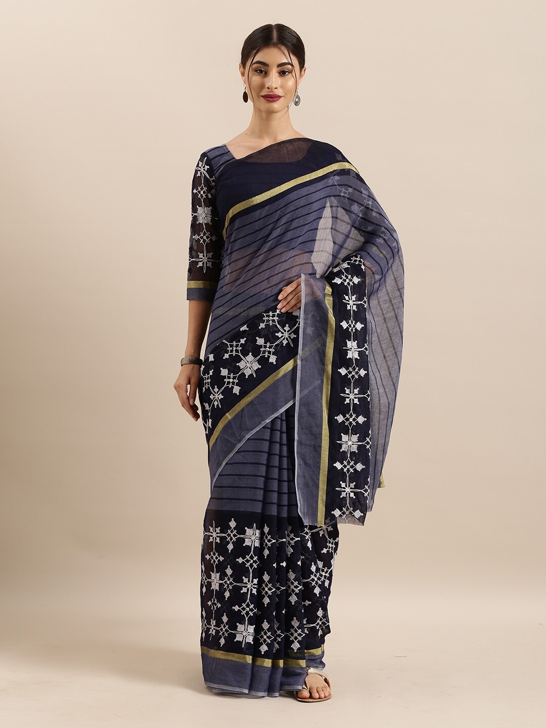 

Kvsfab Navy Blue & Silver-Toned Striped Embroidered Saree