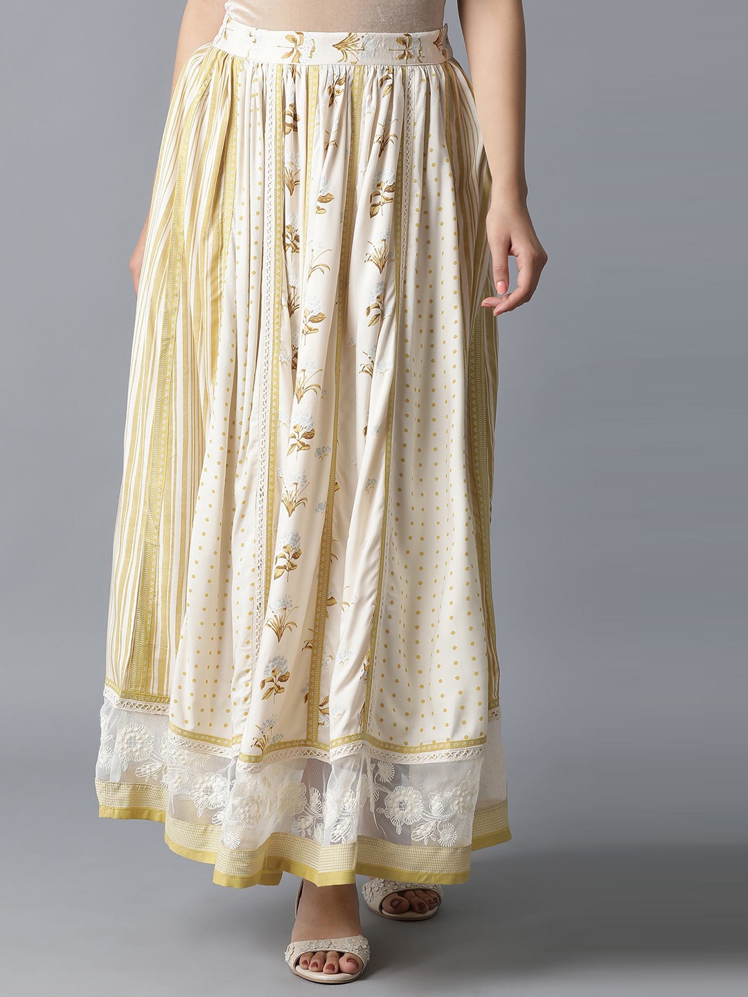 W Women Beige & Off-white Printed Lace Inserted Flared Maxi Skirt