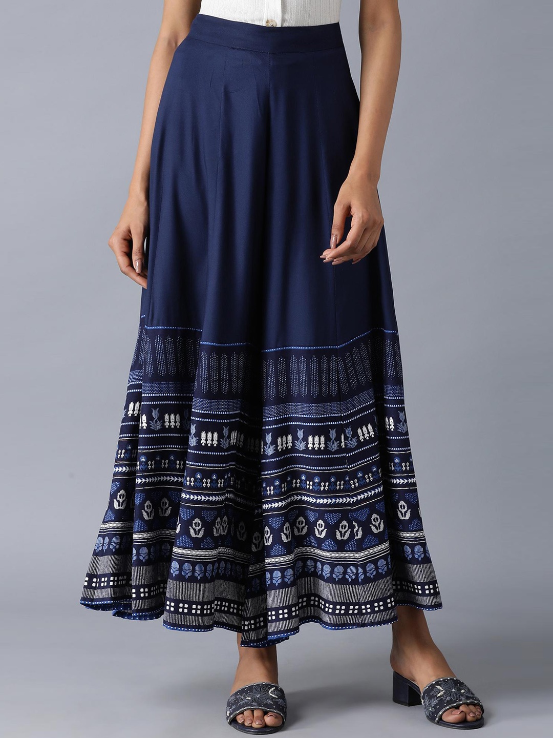 W Women Navy Blue & White Floral Printed Flared Maxi Skirt