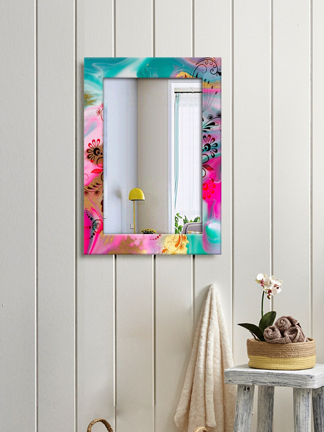 

999Store Pink Sea-Green Printed Wall Mirror