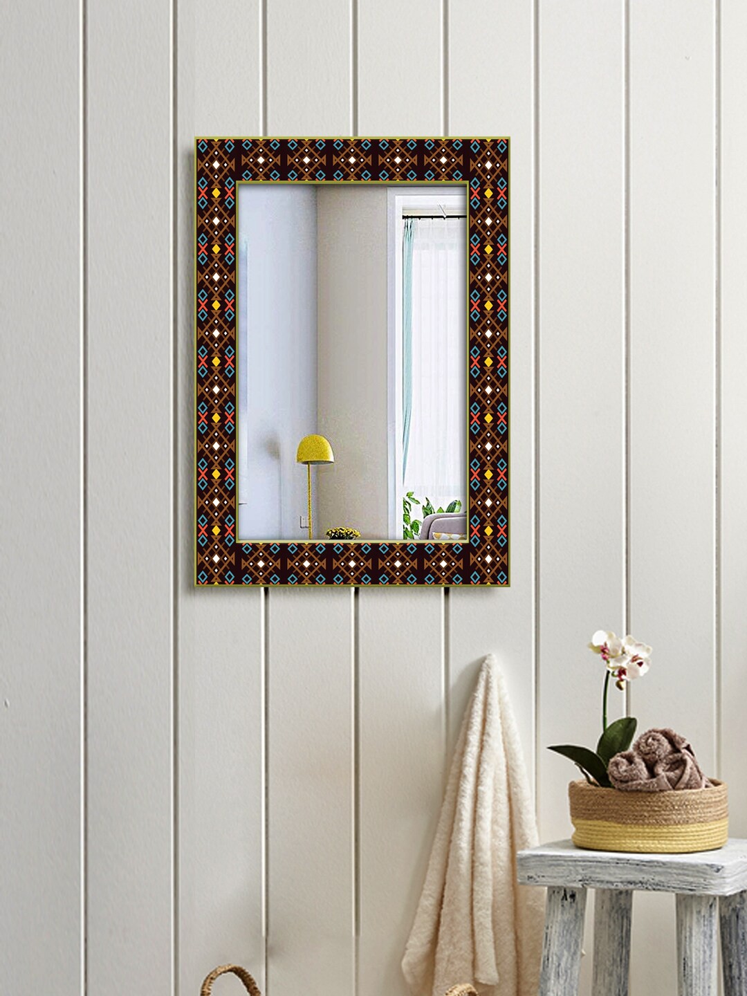 

999Store Brown & Blue Geometric Printed Wall Mirror