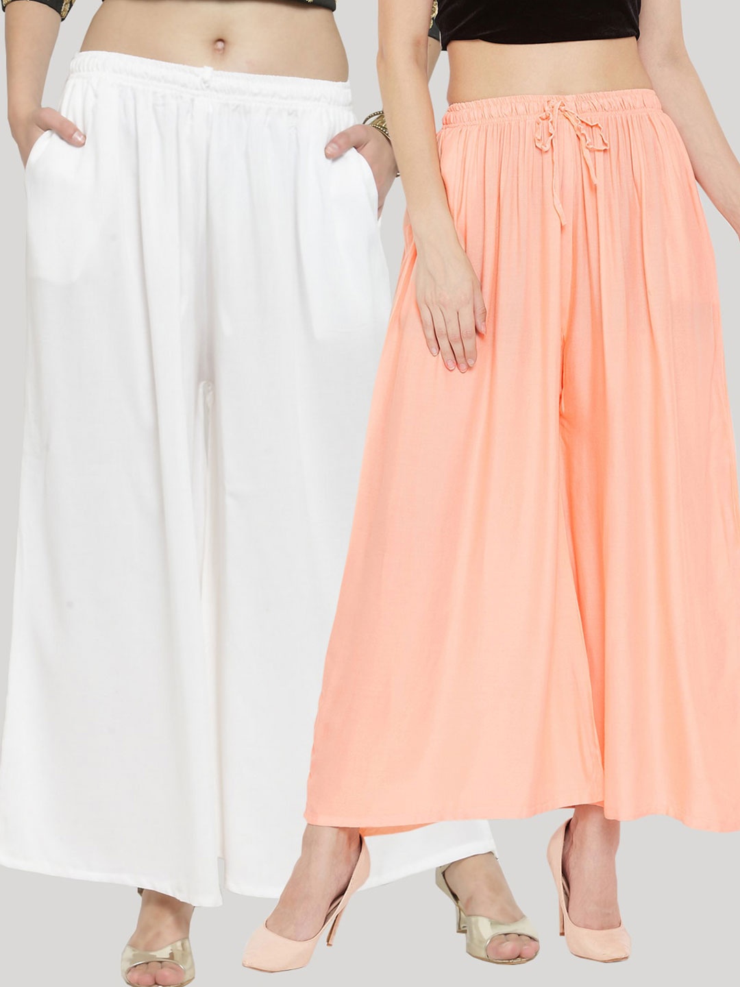 Clora Creation Women Peach & White Pack of 2 Knitted Palazzos