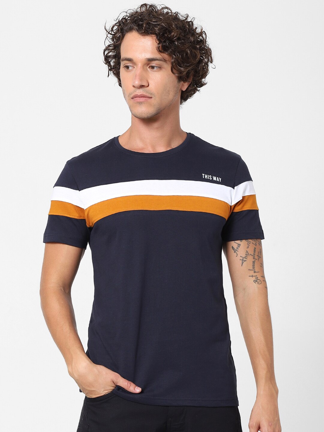 

Celio Men Navy Blue & White Colourblocked T-shirt