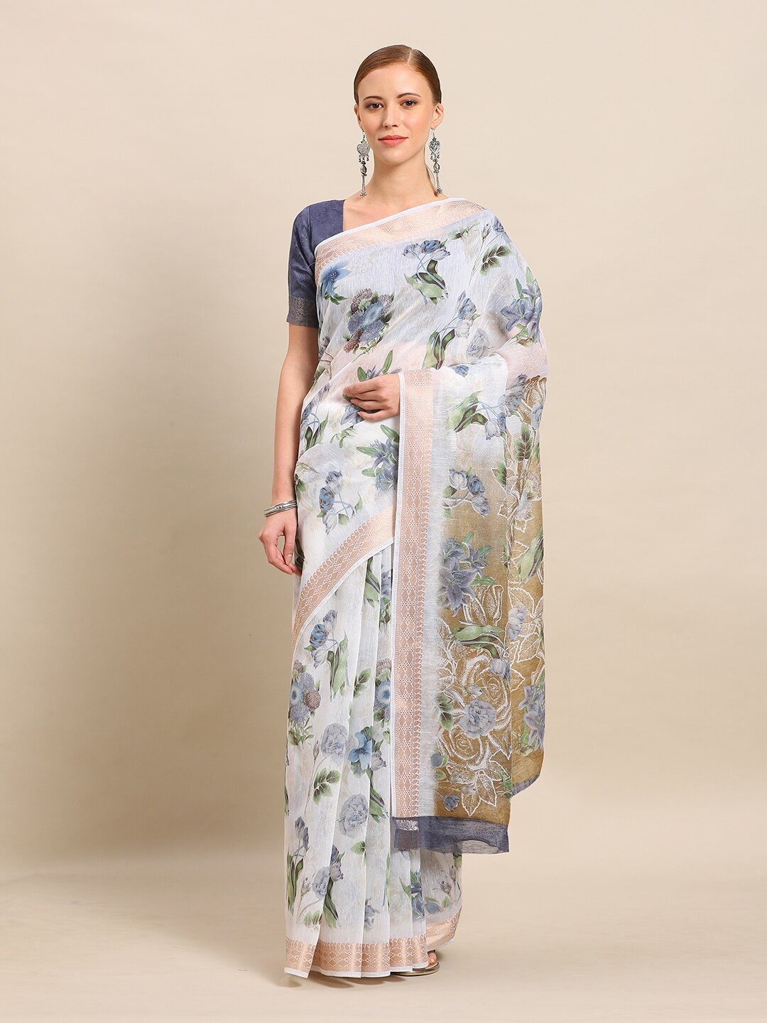 

Kvsfab Off White & Sea Green Floral Zari Cotton Blend Saree