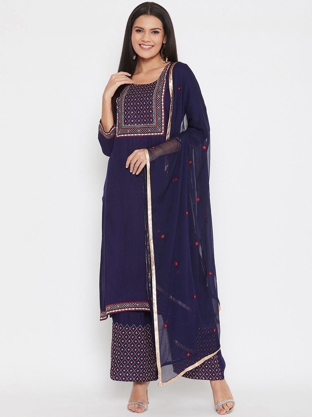

Prakhya Women Blue Ethnic Motifs Yoke Design Kurta with Palazzos & With Dupatta