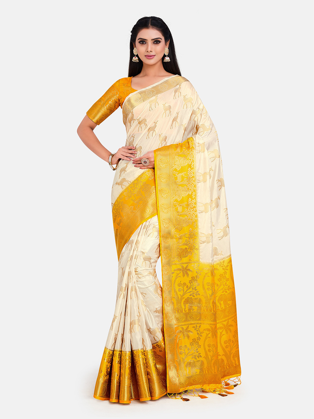 

MIMOSA Off White & Yellow Woven Design Zari Art Silk Kanjeevaram Saree