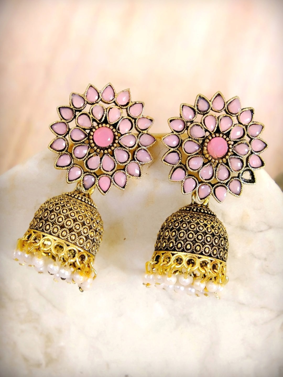 Crunchy Fashion Pink Dome Shaped Meenakari Jhumkas Earrings
