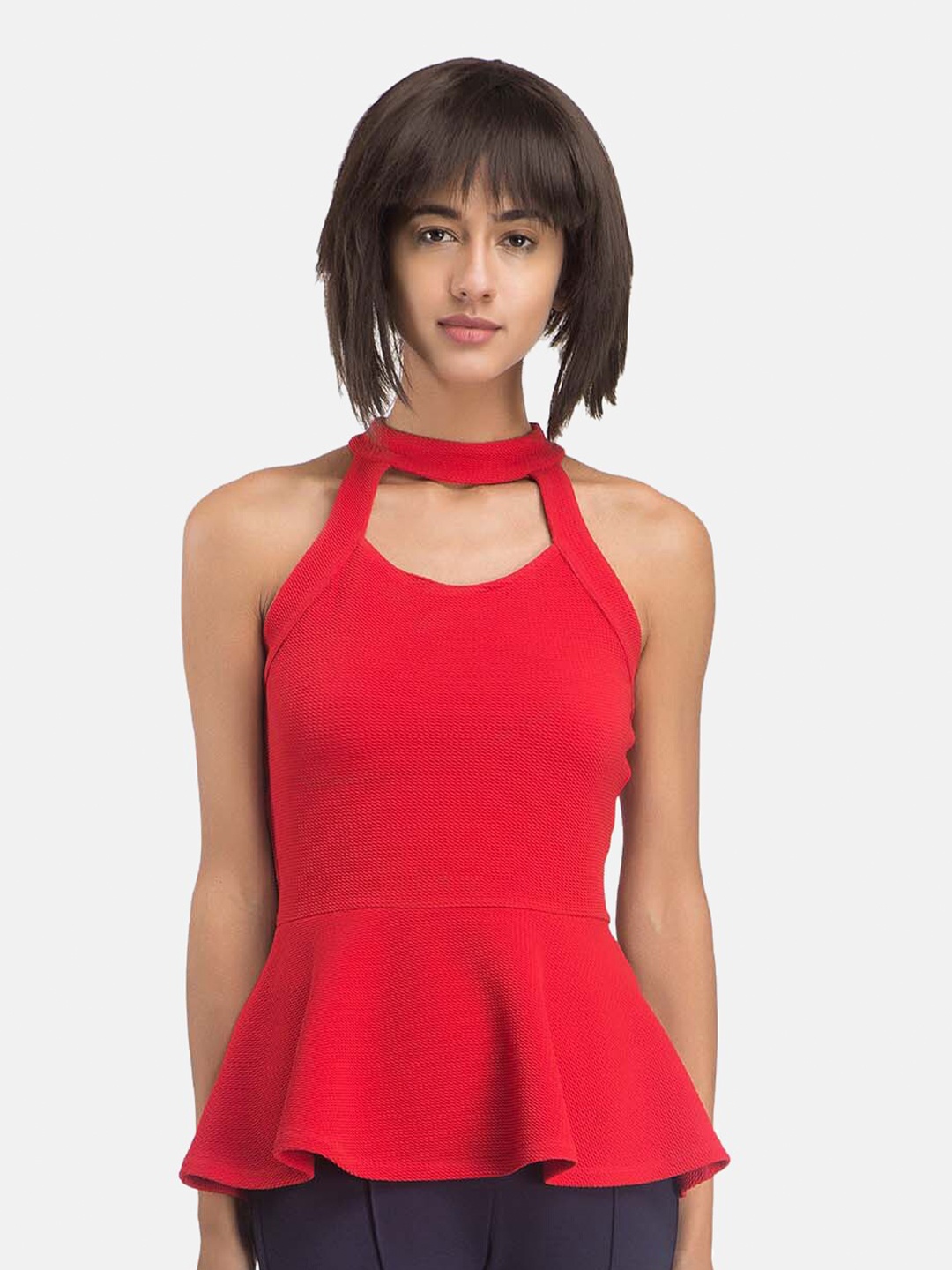 

Kazo Women Red Solid Sleeveless Peplum Top