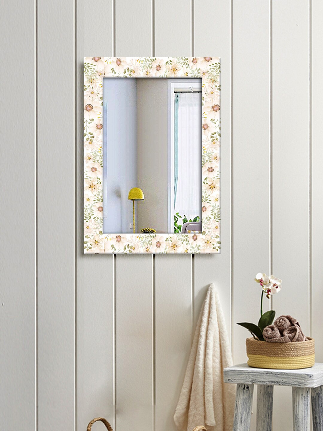 

999Store White & Beige Decorative Flower And Tree Printed MDF Wall Hanging Mirror