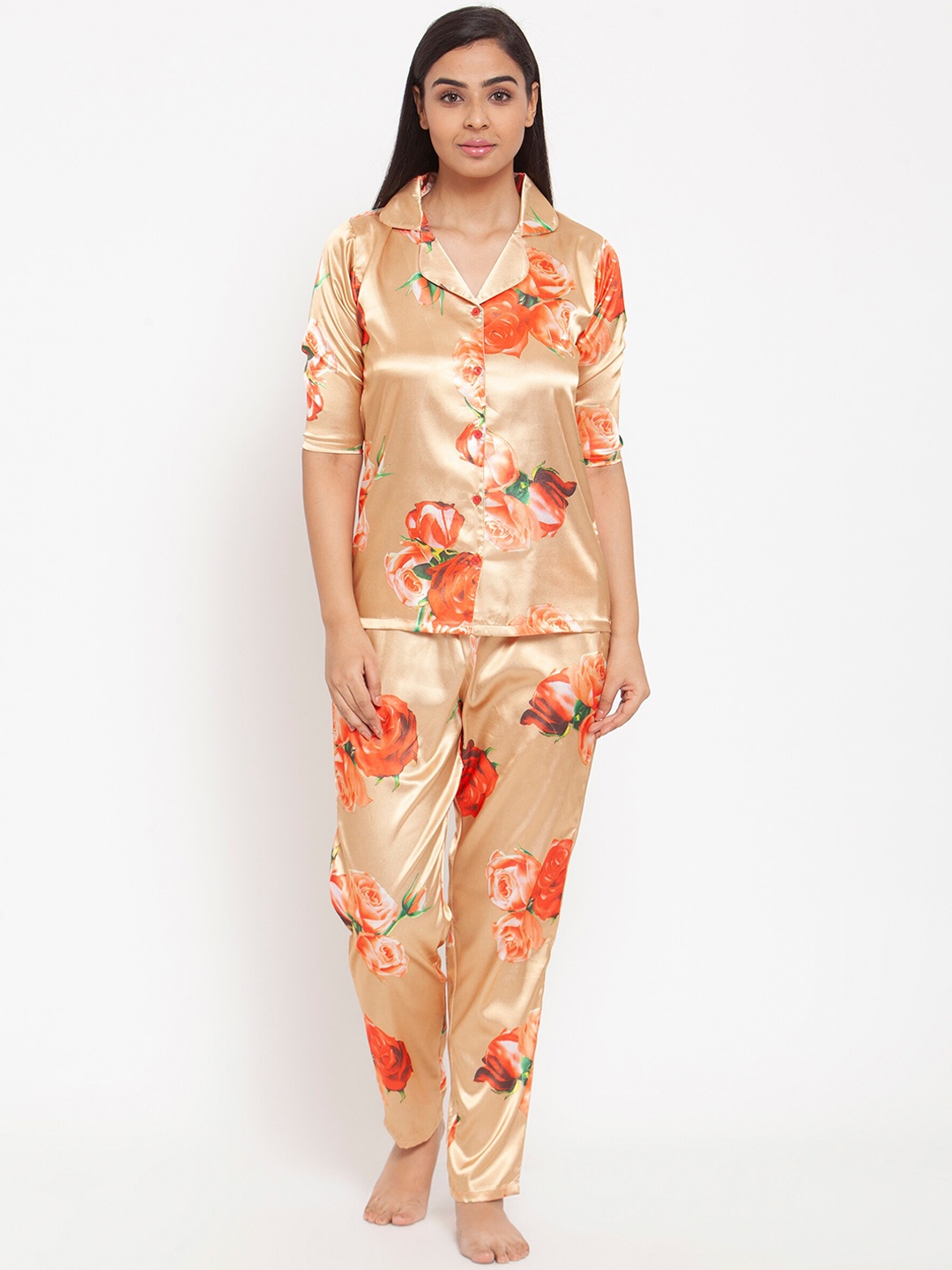 

Claura Women Gold & Orange Printed Satin Night Suit