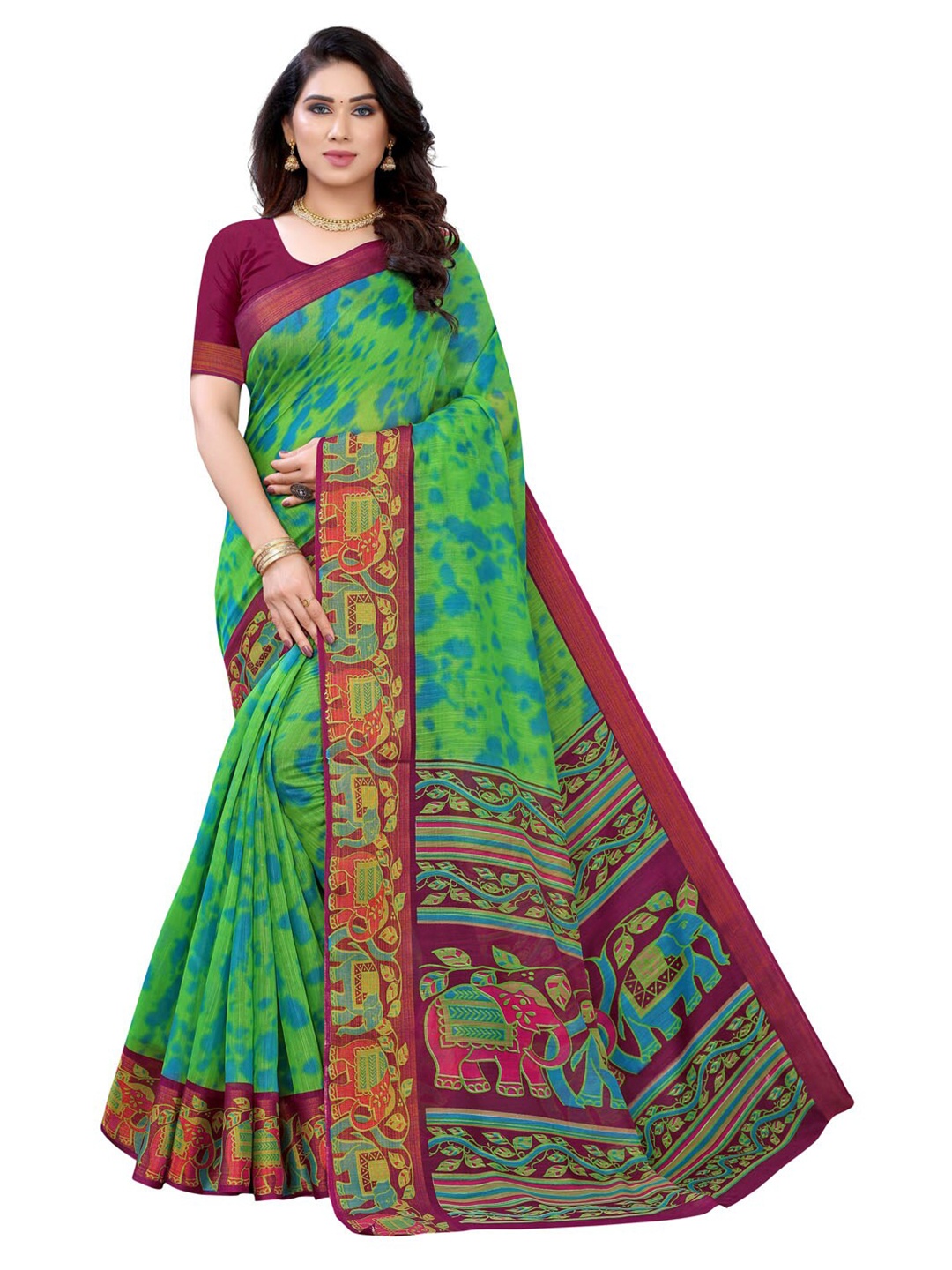 

KALINI Green Poly Cotton Floral Saree